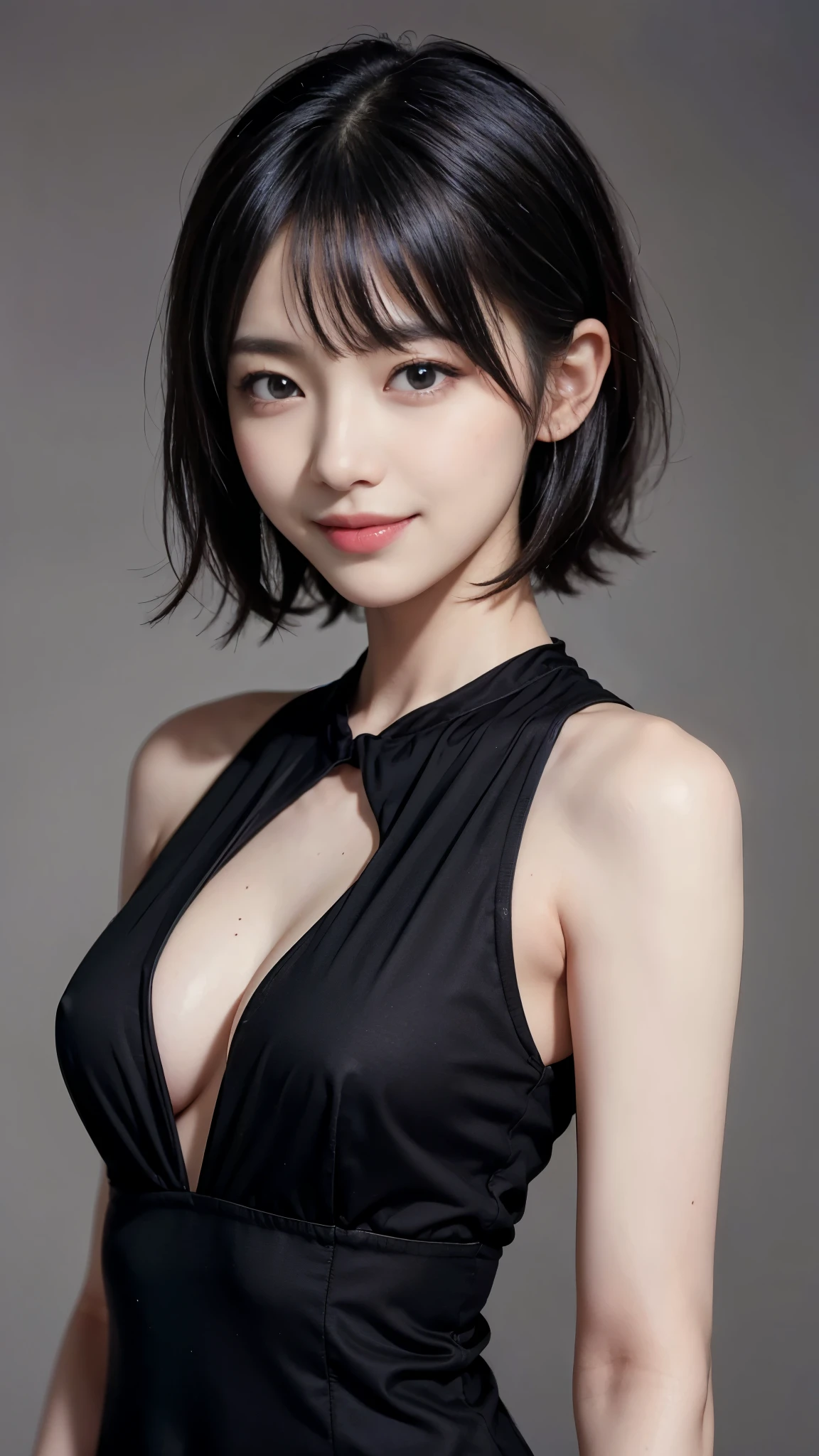 ((highest quality、Masterpiece、High resolution))、(((Zoom photo of upper body、Black Hair)))、(A shy smile:1.2)、One woman、Beautiful Skin、Beautiful eyes, black dress、Trimmed bangs、short hair
