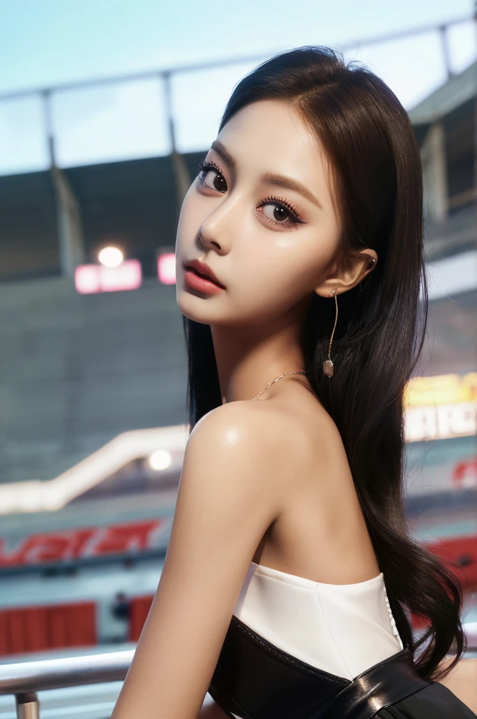 Tzuyu 1, woman, (Realistic), (Hyperrealism), (photoRealistic), Depth of written boundary, eye make up:0.7 (whole body:1.2), (Large Bust),(Tight waist), Watching the audience,In the pits at the racing track, Race Queen, Sexy dress with open shoulders and neckline