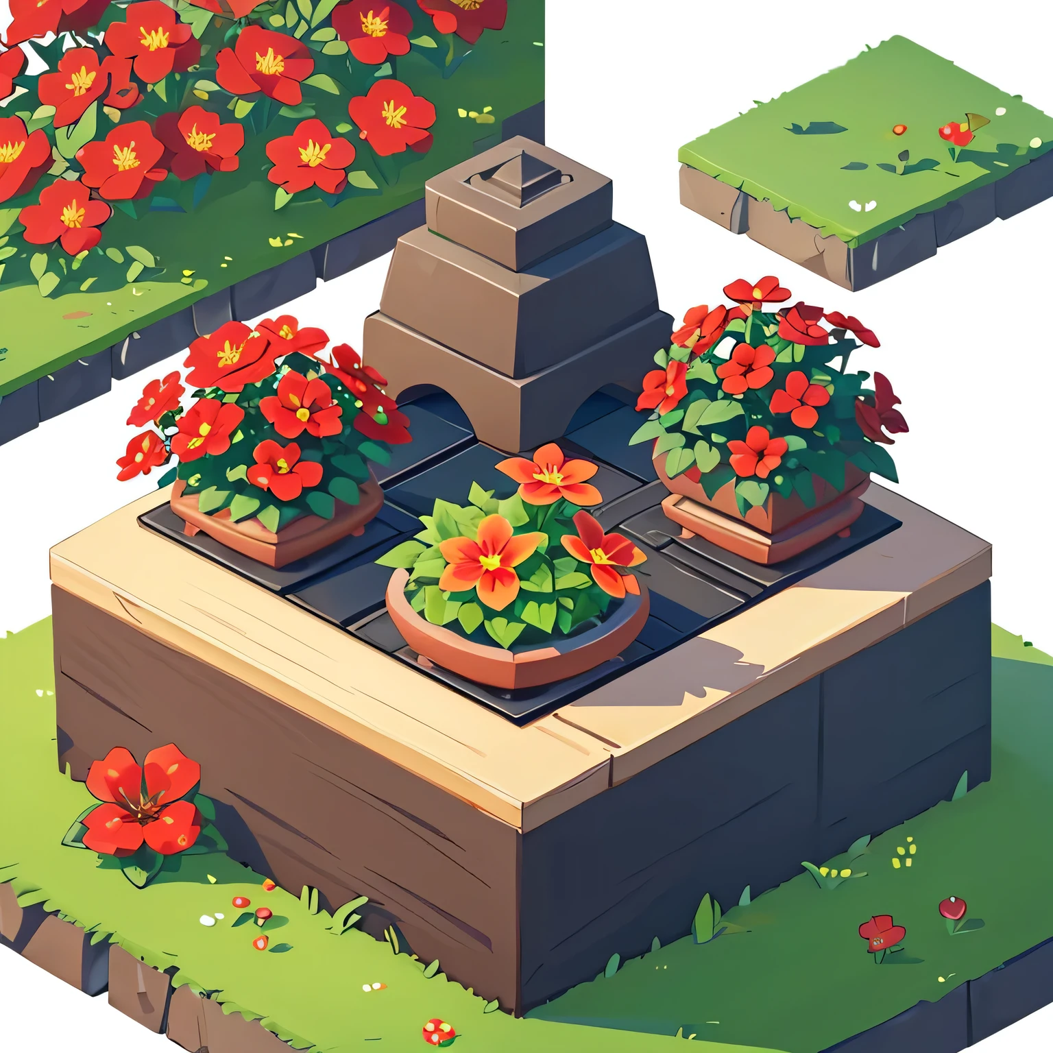 a bonsai, red flowers, solo, single, close up, colorful, game icon institute, game icon, white background,simple background, (soft light), (isometric view), 2d art