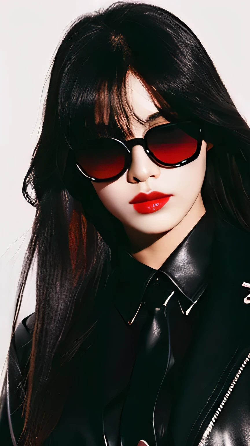 Female, Stylish, Foxy pitch black sunglasses, dark hair, leather jacket, long straight hair, bright red lips, dark background, glaring