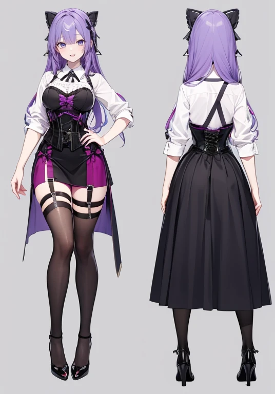 Purple hair,long hair,Adult female,((Body harness)),((Shirt with rolled up sleeves)),(Corset),(Tight skirt),(high heels),((Simple background)),Smile,((Full body)),((whole body)),Character Sheet,