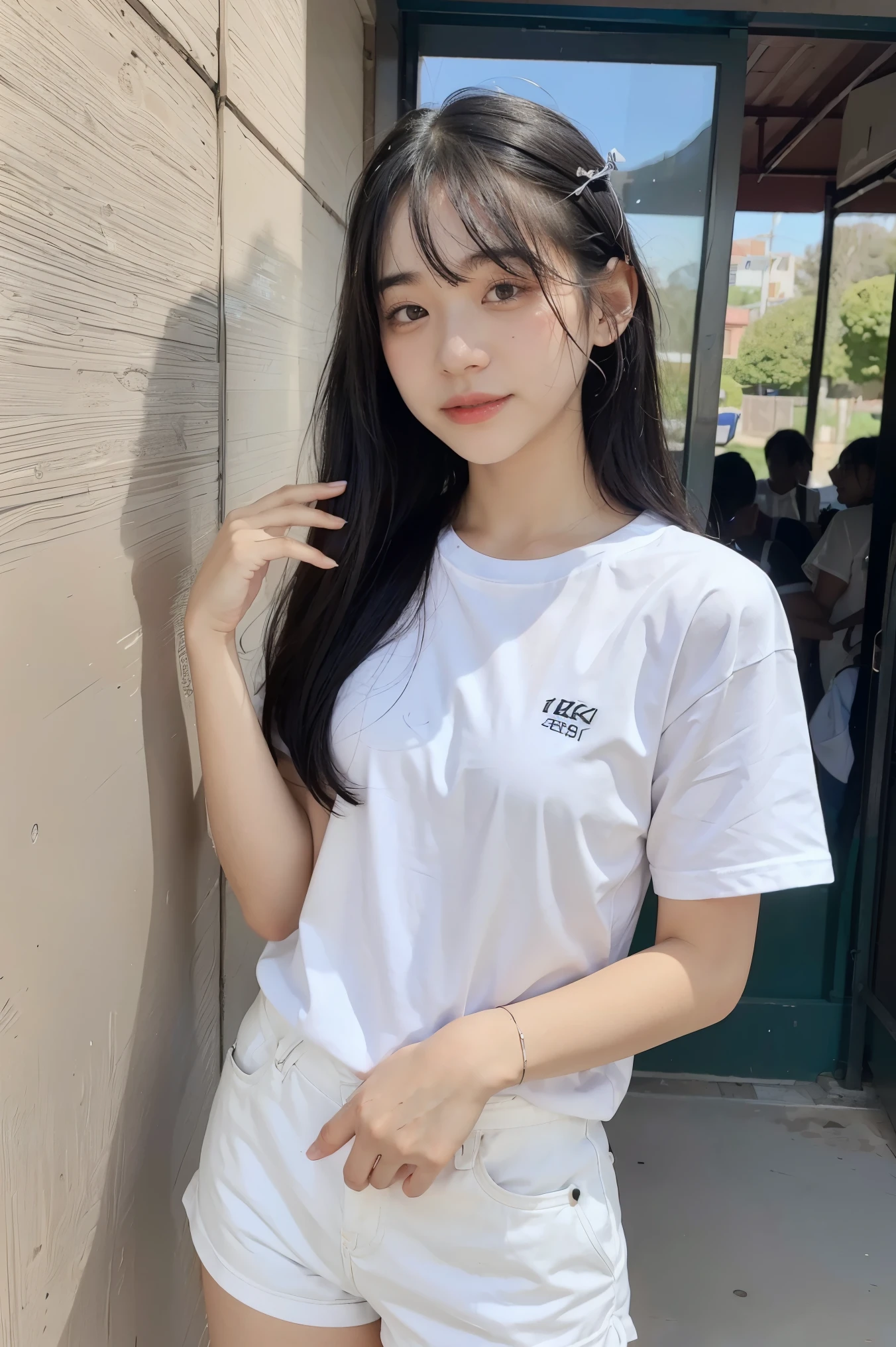 (8k, RAW Photo, Best Quality, Masterpiece:1.3),(Real,Photo:1.37),(Black Hair),Pose,1girl,Very Beautiful Face,Cute,(Small),(Put Your Hands Down))),Poggy Hairstyle,Random Expression,(White T-shirt),JK_style,(Track Shorts) ,Black Hair,(Age 19),Modest,Five Fingers,Normal Hands,Small Mouth,Straight Hair, sexy dresses inspired by miss marvel