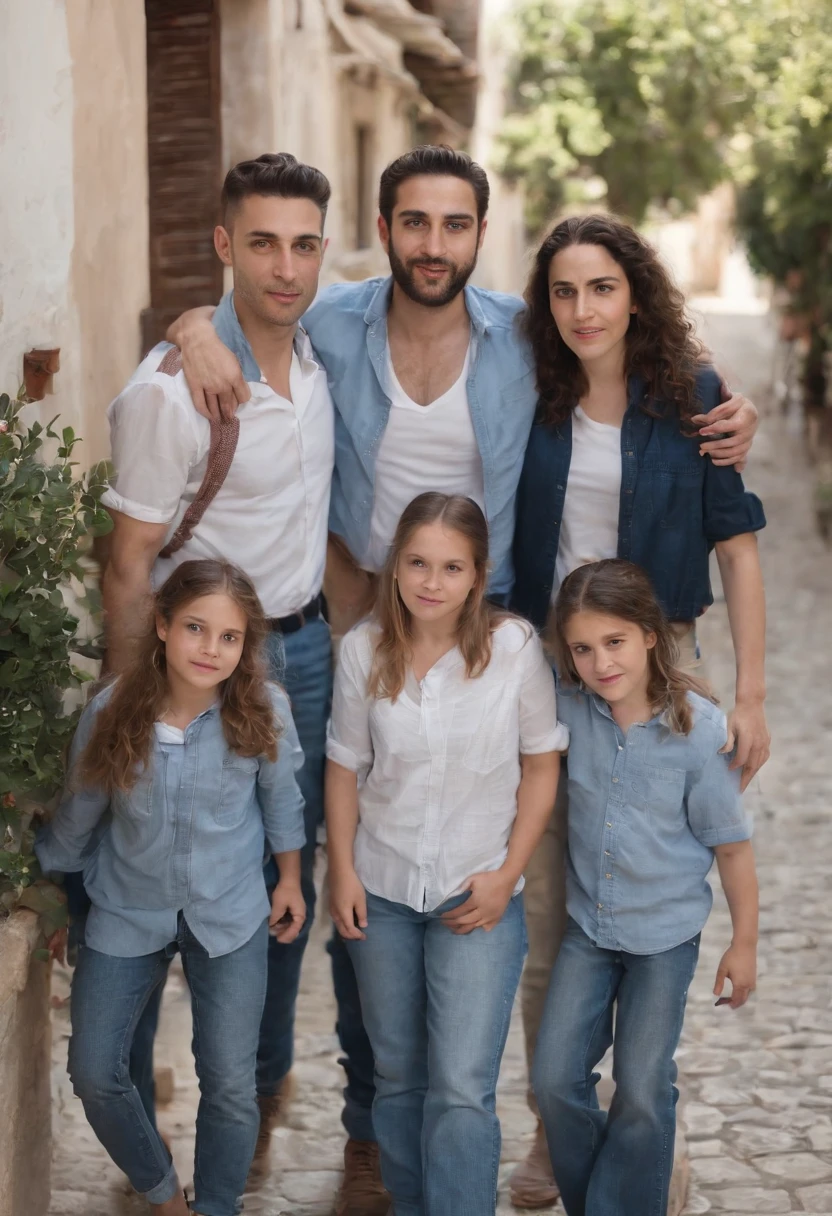 group of sephardi jew wearing shirts and jeans, in a residential area, sephardi jew s'.