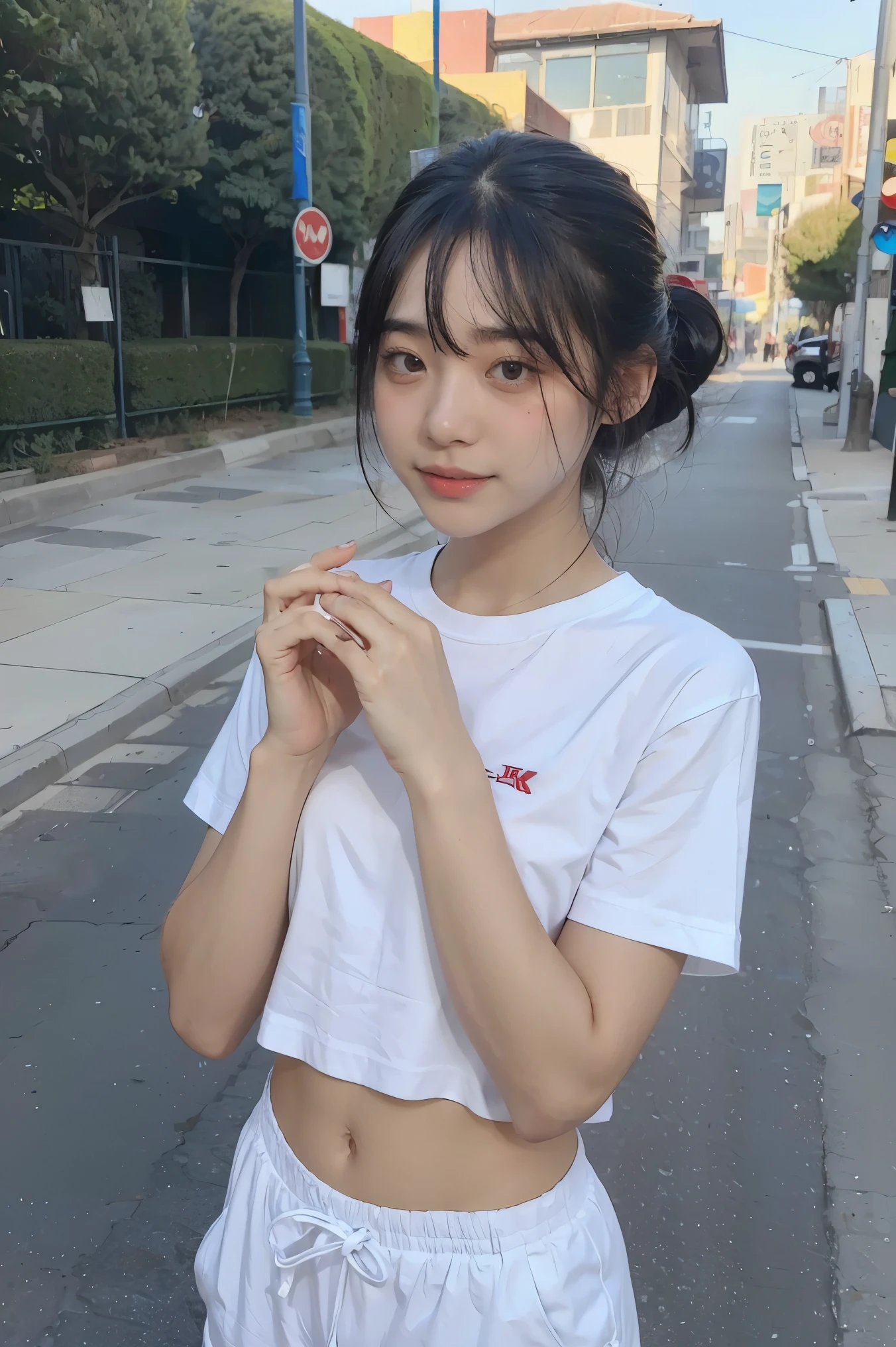 (8k, RAW Photo, Best Quality, Masterpiece:1.3),(Real,Photo:1.37),(Black Hair),Pose,1girl,Very Beautiful Face,Cute,(Small),(Put Your Hands Down))),Poggy Hairstyle,Random Expression,(White T-shirt),JK_style,(Track Shorts) ,Black Hair,(Age 19),Modest,Five Fingers,Normal Hands,Small Mouth,Straight Hair, sexy dresses inspired by miss marvel