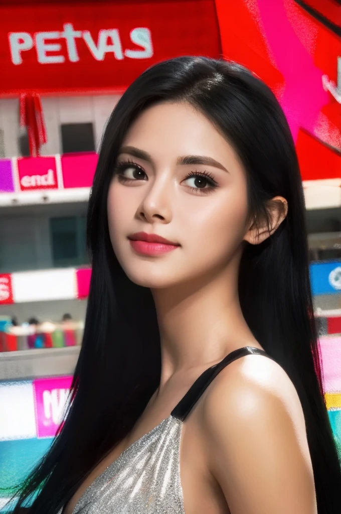 Tzuyu 1, woman, (Realistic), (Hyperrealism), (photoRealistic), Depth of written boundary, eye make up:0.7 (whole body:1.2), (Large Bust),(Tight waist), Watching the audience,In the pits at the racing track, Race Queen, Sexy dress with open shoulders and neckline