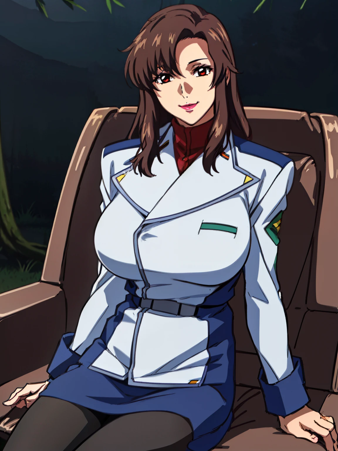 sitting on camping chair, beside fire camp, military uniform, military,jacket,blue and white uniform,Skirt, (black_pantyhose:1.3), (night forest background), Murrue Ramius, mature woman, anime cels style, best quality, high resolution, 1girl, (huge breasts:1.2), beautiful face, Beautiful Finger, Beautiful long legs, Beautiful body, Beautiful Nose,Beautiful character design, bangs, brown hair, long hair, red eyes, lipstick, makeup, (cowboy shot), smiling, looking at viewer
