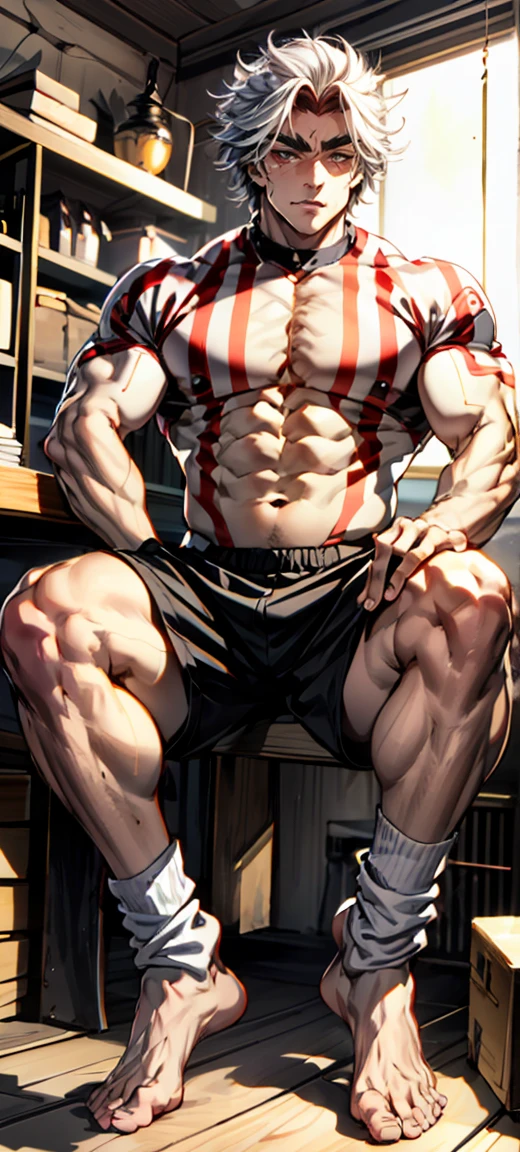 The socks are broken,The tip of the sock is broken by the toe,Leg hair,Muscle male,Chest muscles,muscle,Abdominal muscles,Well-developed muscle,muscle lines,musclestrength,the strong,Robust,Bodybuilding,Black shorts,Boys,juvenile,boy,Single masterpiece, best,Cluttered room,White socks with toes broken,