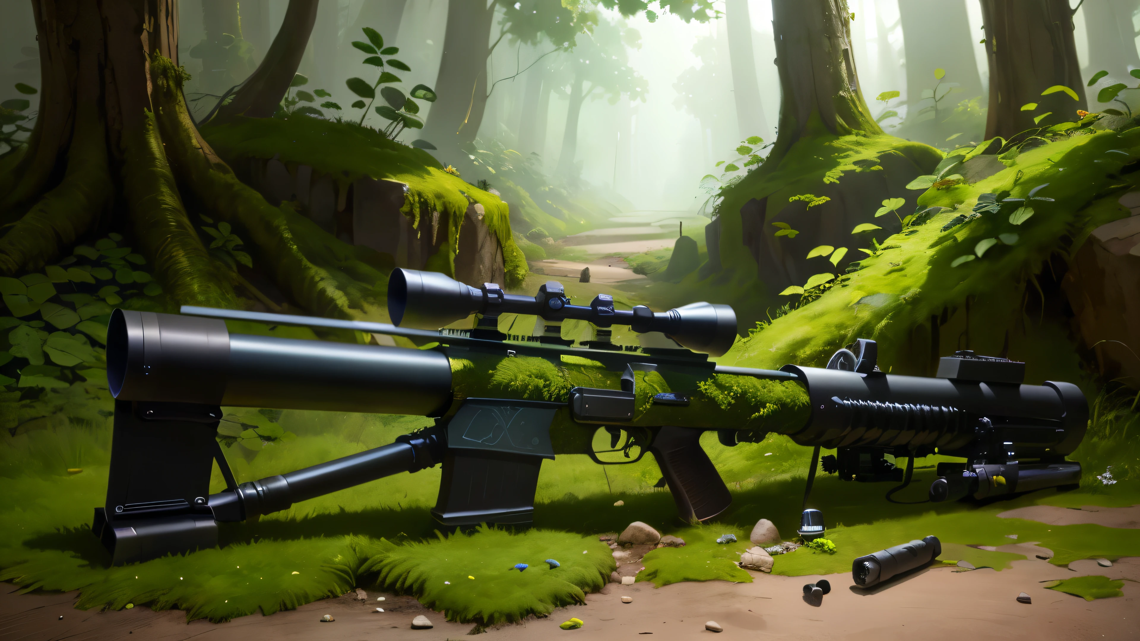 concept art, gun design, Sniper Rifle,unmanned,Gun-length plant,crystal,Plants and machinery,moss,Vine,Plants attached to the gun,Sniper Rifle