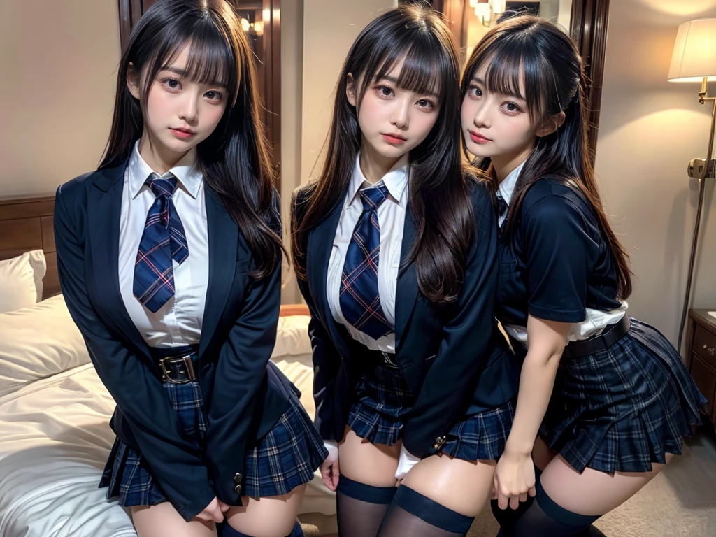 (8K, Raw photography, top-quality, ​masterpiece:1.2), master piece, best quality, illustration, Super detailed, fine details, High resolution, 8K,wall paper, perfect dynamic composition,(Details High quality, realistic depiction of eyes:1.3), ((2 girls, 2 girls)), The background is a luxury hotel room、High school girl uniform、blazer 、Super Short Check Uniform Skirt、Navy blue high socks、garterbelts、Colossal tits、Disturbed uniform, Play with each other,Touching each other's bodies,Touching the body of the girl next door, short bob hair, black hair color, huge breasts, Big Natural Color Lip, bold sexy pose, (perfect body shape), crying a little、cold gaze,  Beautiful makeup,glitter makeup,Cutest 18 years old, beautiful legs, hposing Gravure Idol, Voluptuous thighs