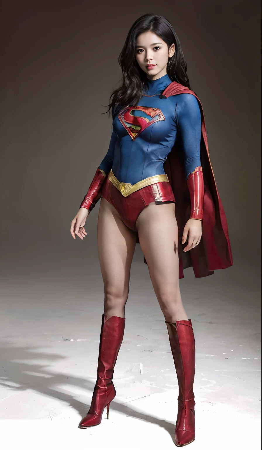 No background、(((Polish your style)))、(((Model Body Type)))、(((Beautiful legs in black tights.)))、(((Legally express the beauty of your smile)))、((((Make the most of your original images)))、(((Supergirl Costume)))、(((体にフィットするSupergirl Costume)))、(((Short beautiful hair)))、(((suffering)))、(((Please wear black tights....、Wear red boots)))、((Best image quality、8k))、((highest quality、8k、masterpiece:1.3))、(((Preserve background )))、Sharp focus:1.2、Beautiful woman with perfect figure:1.4、Slim Abs:1.2、Wet body:1.5、Highly detailed face and skin texture、8k