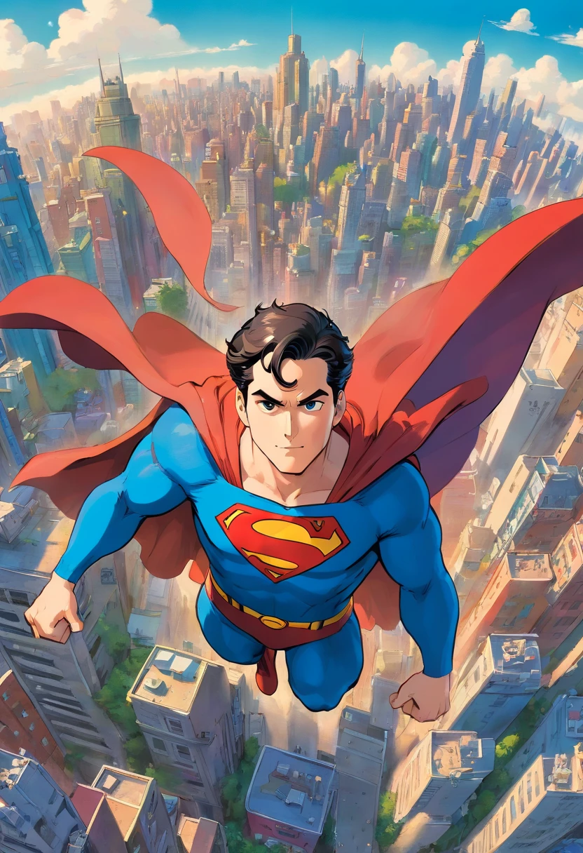 Superman flying above metropolis