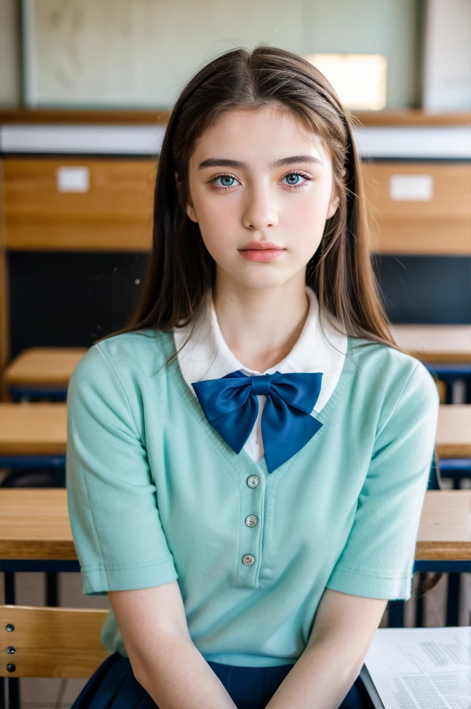 ( masterpiece, top quality, best quality,8k, girl,ultra detailed,raw photo:1.5),(photorealistic:1.4),(cinematic lighting), PerfectNwsjMajic, , Surrealism, UHD, ccurate, Super detail, textured skin, High detail, Best quality, dynamic angle, (high nose,White skin),[Beautiful blue eyes],(1girl),(good anatomy:0.5)),in the classroom,Teacher's Uniform,Real people,