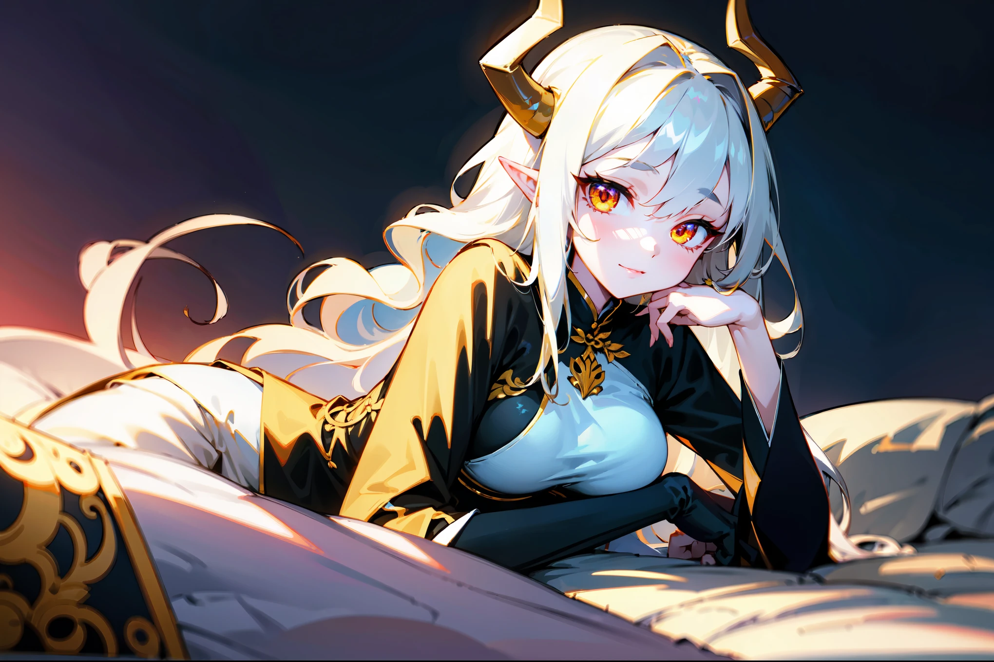 (best quality,highres,masterpiece:1.2),(flatten art:0.7), masterpiece, best quality, 1woman, Anime, darker environment, laying on bed, leaning with her hand, white horns, long wavy white hair, white ao dai, golden demon eyes, pointy ear, large breast, enticing, night, dark, looking at viewer, solo, faint moonlight, smirks, close-up