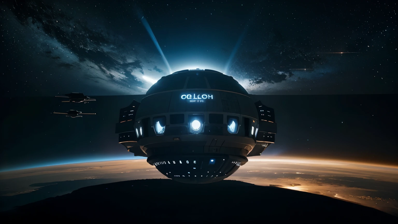 colony ship in earth's orbit, engines glow bright blue as it flies away