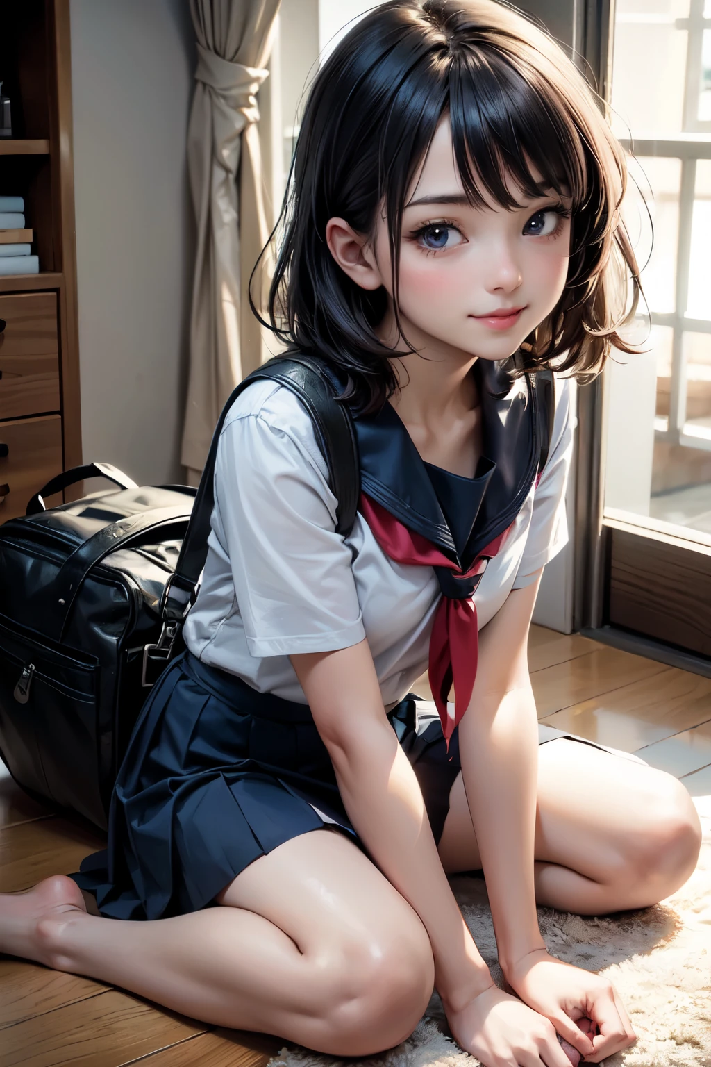 A -yeld gisits at a desk in a classroom wearing a Japanese sailor suit