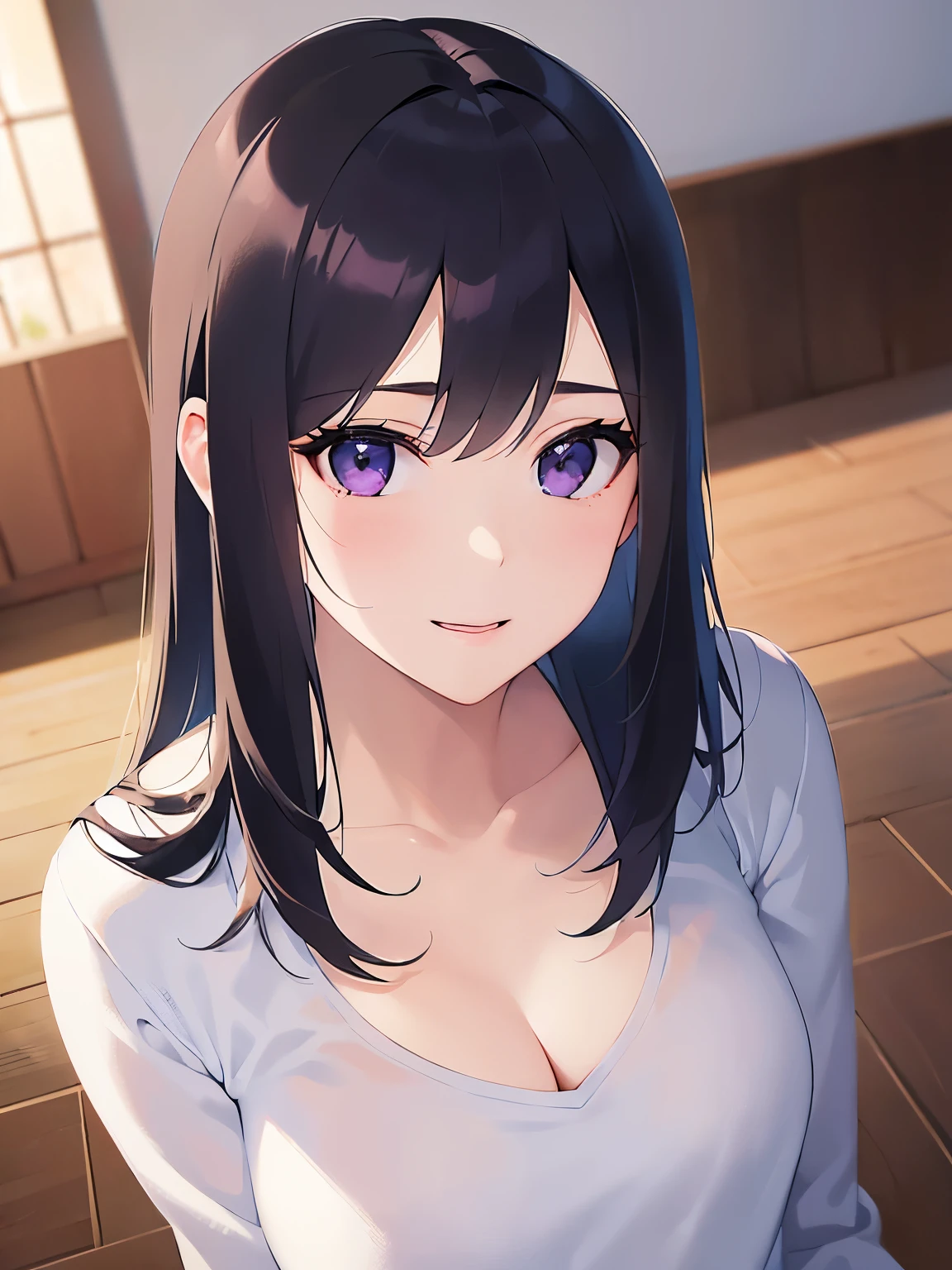 looking up, Shooting from above、Upper Body, Realistic, real person, (pale skin: 1.2), RAW photo, photorealistic, shiny skin, shiny hair、(A 25-year-old woman with straight hair and bangs) and (medium hair) and (black hair) and (purple eyes) , (white) and (T-shirt) and (V neck) and (long sleeve) 、smile, The background is the living room、Alone、Are standing