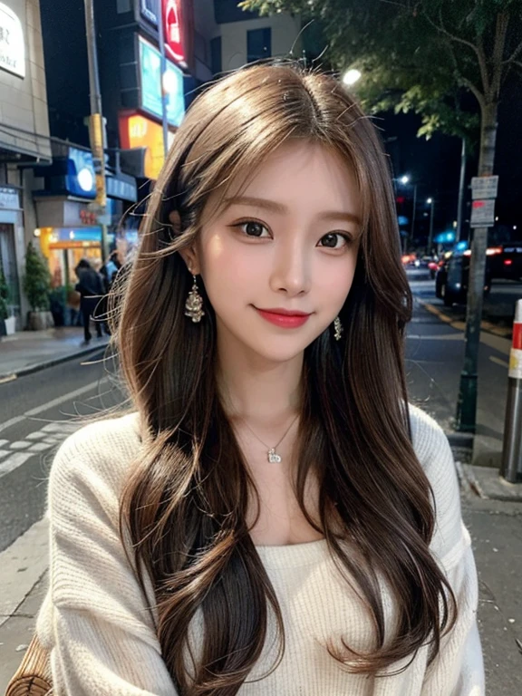 masterpiece, highest quality, High resolution,alone,Brown Hair, Very small earrings,artistic,Best lighting,casual,Flat Chest,Beautiful Face,expensive,smile,light makeup,nature,Age 25,Calm woman,Hair blowing in the wind,Blurred Background,Face Focus,Detailed Hair,Laughing woman,amount,Wavy Hair,night,outside,office Street,Woman posing,Woman in uniform