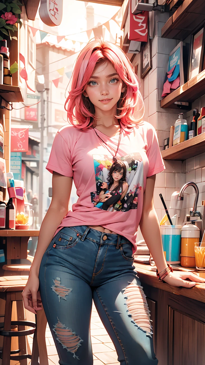 AniPoma 1,(masterpiece, Best illustrations, The best manga), alone, One girl, Purple eyes, (Shiny skin, Soft Hair), (Milkshake in hand), freckles, (Bright pink two-tone hair:1.3), (Wearing a Led Zeppelin T-shirt, Denim jeans), (Extreme light and shadow, Volumetric lighting, Rim Light), (Dawn:.5), (Rainbow Light, Light leakage), (Fascinating, Grin), (alone), manga dusk 1, Manhwa 1