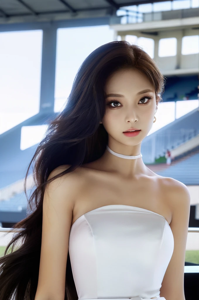 Tzuyu 1, woman, (Realistic), (Hyperrealism), (photoRealistic), Depth of written boundary, eye make up:0.7 (whole body:1.2), (Large Bust),(Tight waist), Watching the audience,In the pits at the racing track, Race Queen, Sexy dress with open shoulders and neckline