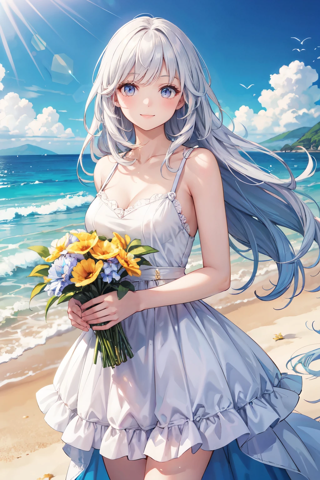 a beautiful woman, a white and dress, in a beautiful beach, long hair in a mess, flirting, light smile, Holding flowers, ultra HD, realistic, bright colors, high detail, UHD drawing, perfect composition, beautiful detailed complex
