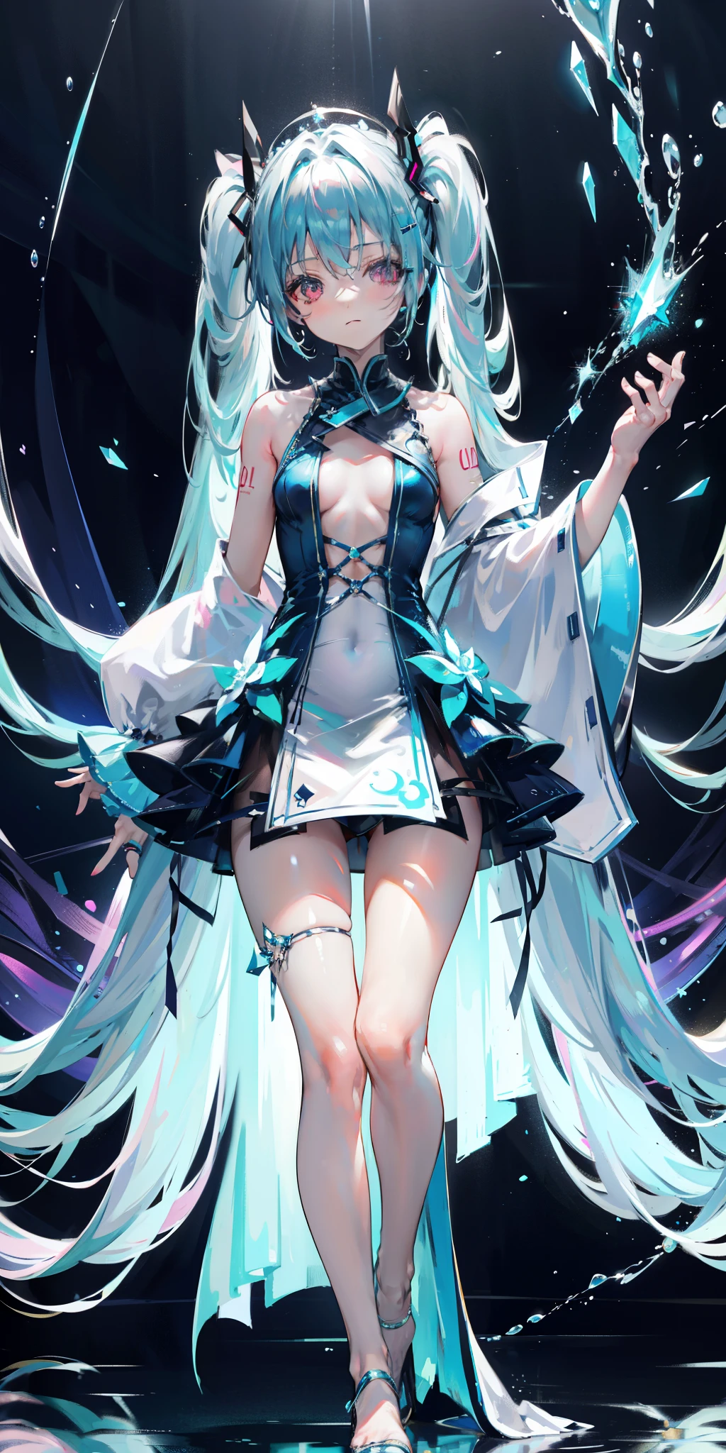 blue theme, Hatsune Miku portrait，masterpiece, magic , (Impossible Dress:1.5), mini skirt, Gradient background, Silver-blue hair, , Bangs,Side Chain, pink eyes, (ulzang-6500-v1.1:0.9), 中等Chest, Chest, Thigh gap, Hair accessories, arching back, Black_witch_have,complicated_decorate,mystery_fountain,luminescent_crystal