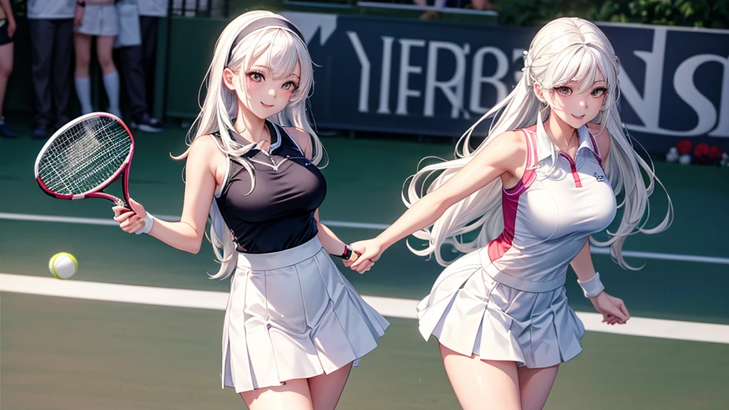 (Perfect quality)), ((masterpiece)), Young woman, Korean woman, snow-white skin, wearing a tennis skirt, in tennis clothes, smiling, White hair, (female sexy body), (Plays tennis), women's sexy hips, smiling, (background tennis court in nature around trees bright sun), glare on the skin, 1 racket, without panties, bottom view