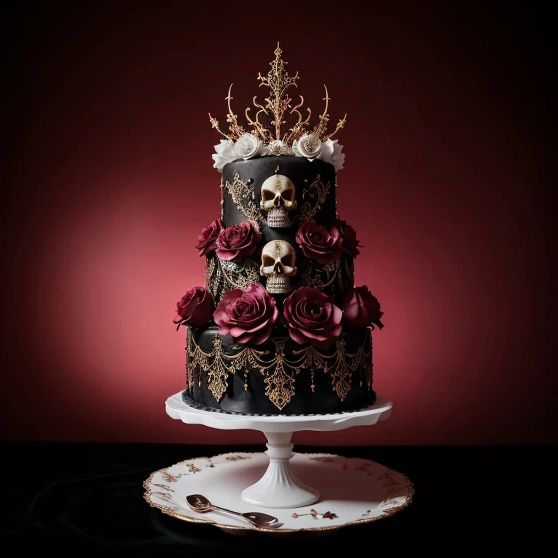 A mesmerizing dark fantasy-themed cake decoration masterpiece by Skull Cake Shop 99, showcasing two striking contrasting bejewelled skulls intricately designed with white whipped cream and delicate flowers. The dark background of black and deep red enhances the ethereal atmosphere, with the light and shadow interplay adding a captivating dimension. The 3D rendering and photo-realistic details emphasize the cake's exceptional aesthetic, while the artist's signature at the bottom adds a touch of class and authenticity. This extraordinary creation, worthy of a million-dollar photoshoot, would make an unforgettable book cover and an unforgettable experience for the viewer.