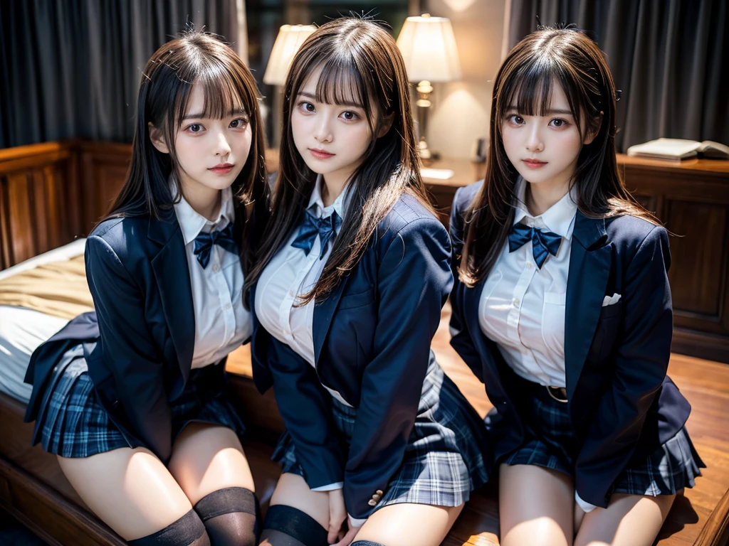 (8K, Raw photography, top-quality, masterpiece:1.2), master piece, best quality, illustration, Super detailed, fine details, High resolution, 8K,wall paper, perfect dynamic composition,(Details High quality, realistic depiction of eyes:1.3), ((2 girls, 2 schoolgirls)), The background is a luxury hotel room、High school girl uniform、blazer 、Super Short Check Uniform Skirt、Navy blue high socks、garterbelts、Colossal tits、Disturbed uniform, Play with each other,Touching each other's bodies,Touching the body of the girl next door, short bob hair, black hair color, huge breasts, Big Natural Color Lip, bold sexy pose, (perfect body shape), crying a little、cold gaze, Beautiful makeup,glitter makeup,Cutest 18 years old, beautiful legs, hposing Gravure Idol, Voluptuous thighs