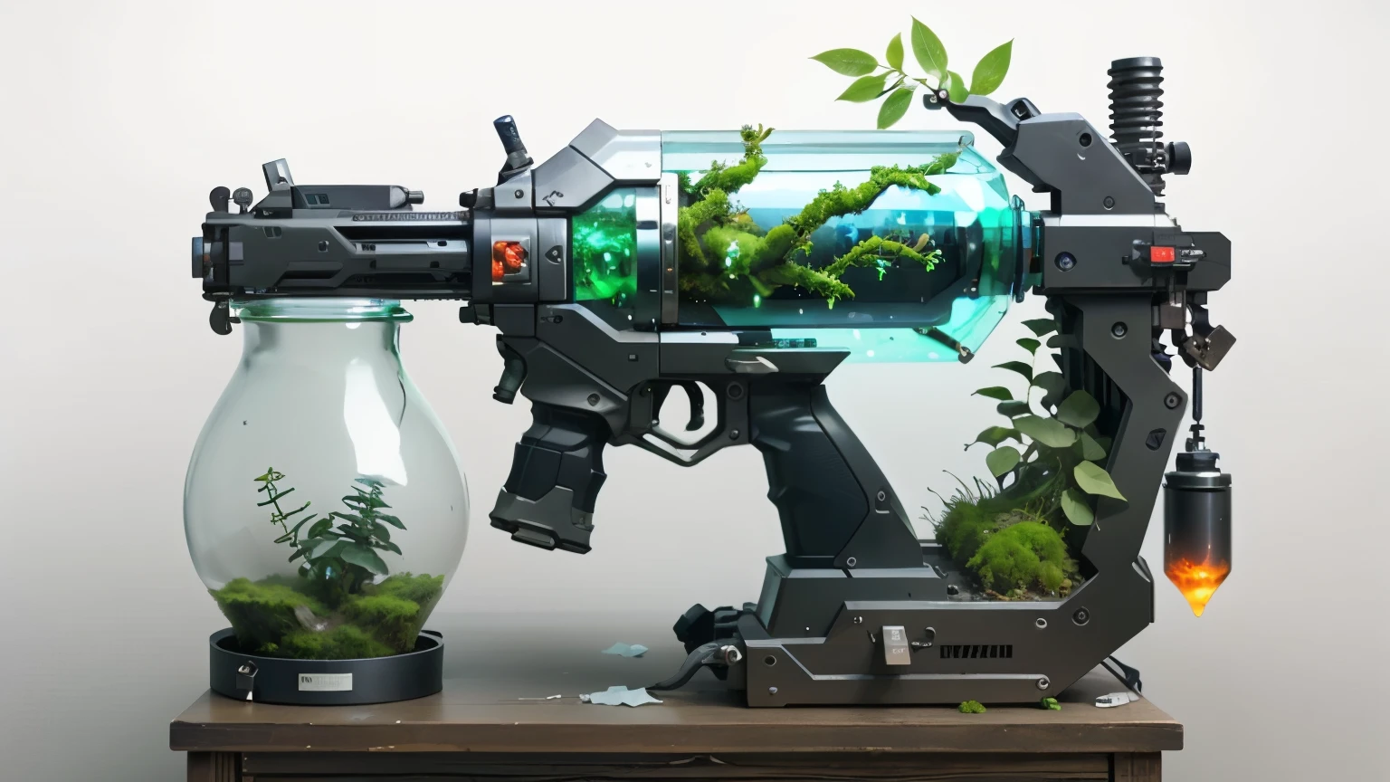 Concept gun design, Science Fiction，unmanned，Gun with plants and crystals，Glowing gun，Glass and Plasma，Plant and machine combination，moss，The vine plant attached to the gun，cgi，Realism，Stereo，Light and Shadow，HD，Extreme details，high resolution，white scene，Empty background，On display shelf