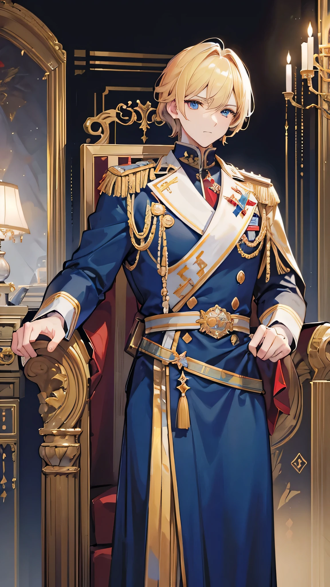 (best quality,8k,highres, masterpiece:1.2), ultra-detailed, HDR, UHD, studio lighting, ultra-fine painting, sharp focus, physically-based rendering, extreme detail description, professional, vivid colors,concept artists, warm color palette, dramatic lighting,1 man,muscular physique, masculine male, sideways looking at viewer,solo,upper body,royalty,golden blonde hair, short hair, blue eye, sharp eyes,castle room, no obscurity, clear, festive, sideways, standing, european military royalty style clothes, crown, korean handsome, throne, golden black blue red combo, royal