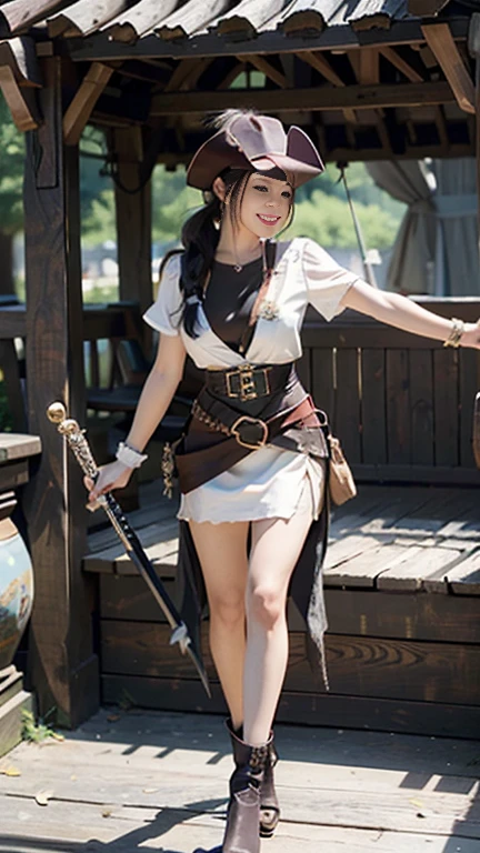 masterpiece, highest quality, Realistic, Very detailed, Finer details, High resolution, 8k wallpaper, One beautiful woman, female pirate cosplay costume,The pirate ship Black Pearl during the day, pirate hat,He has a sword at his waist，Light brown ponytail hair, Perfect dynamic composition,(Throw a kiss), Beautiful and beautiful eyes,,Smile and laugh,Full Body Shot:1.3,Ample breasts,Smile and laugh,Smiling and showing white teeth,
