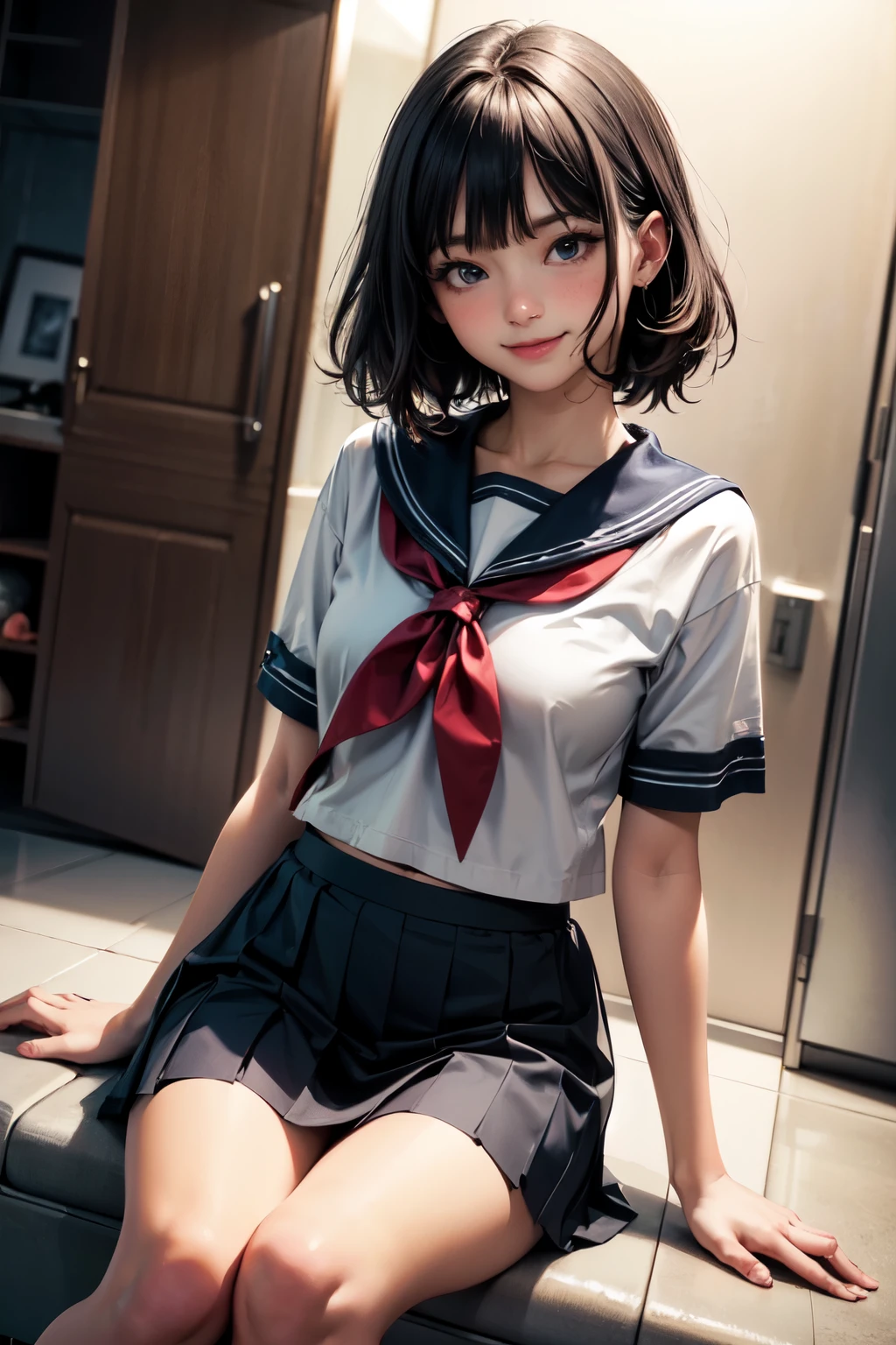 very cute and beautiful girl,(highly detailed beautiful face and eyes), (smile:1.2),blush,looking at viewer,serafuku,short sleeve,pleated navy blue mini skirt, black hair,sitting on sofa near elevator hall of small hostel,bag lied on floor, (best quality,masterpiece),absurdres,highres,ultra-detailed,extremely detailed,32k,8k resolution, intricate details,cinematic scene,detailed background,solo,dynamic angle,