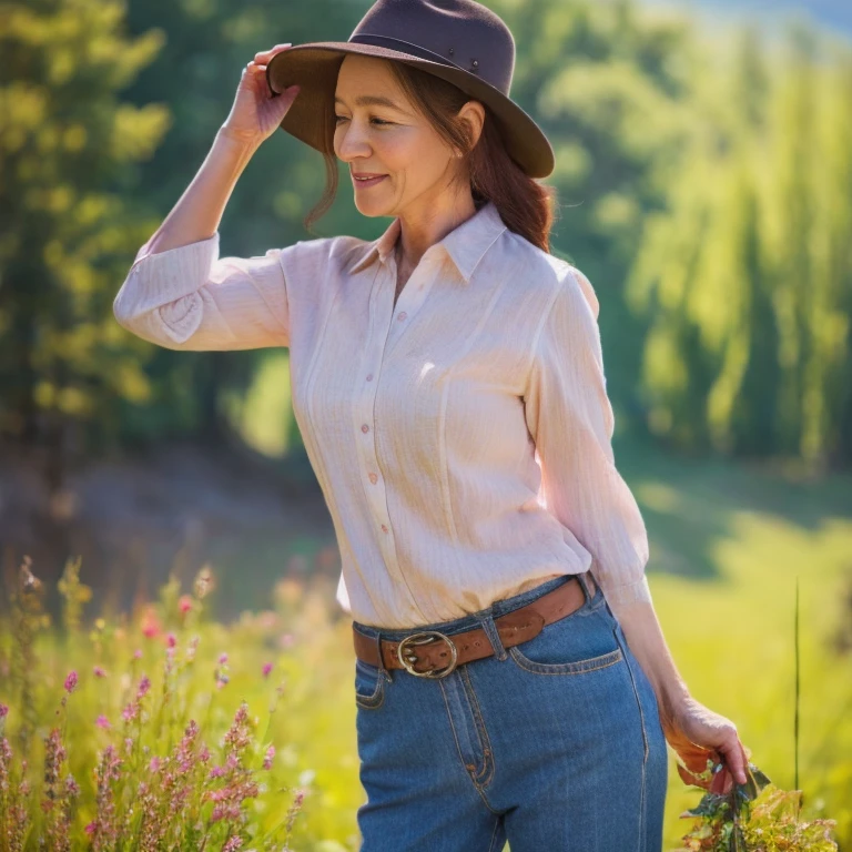 Highest quality, 8k, detailed, High resolution,beautiful,Delicate,Highest quality,Ultra-realistic,High resolution,detailed,Highest detail,The color is not faded,Vivid colors,Woman painting a landscape、painter、Beautiful 40 year old mature woman、Cowboy Shot:1.5、