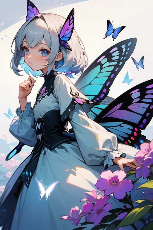Gray Hair、cute、beautiful、Fairy Costume、Masterpiece、highest quality、Eye highlights、Butterfly flies、Colorful Butterflies、