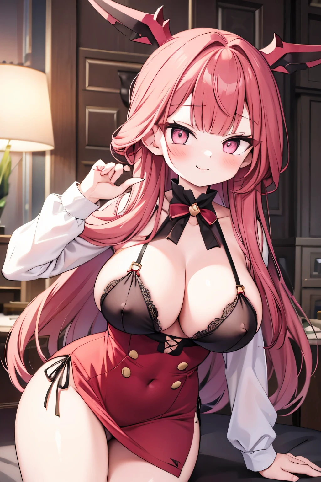 G-Cup masterpiece highest quality High resolution Big Breasts underwear sexy Adult female Glaring eyes Mouth slightly open A big smile Long Straight Panties Redhead Dress Nipples