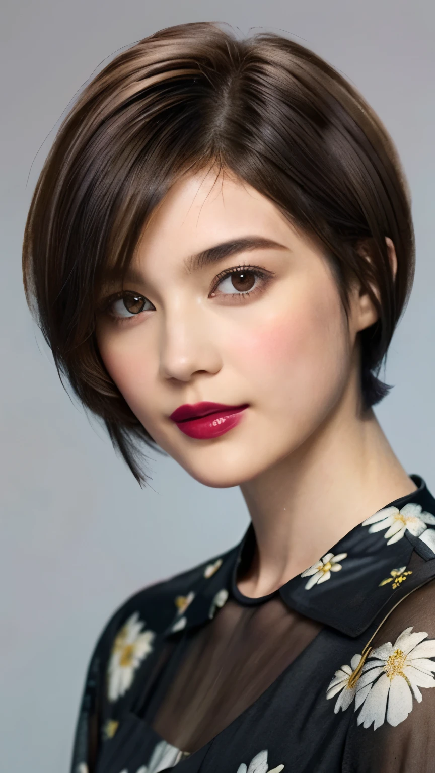 228 (20-year-old woman,Floral clothes),  ((Beautiful Hairstyles 46)), ((short hair:1.46)),  (lipstick)