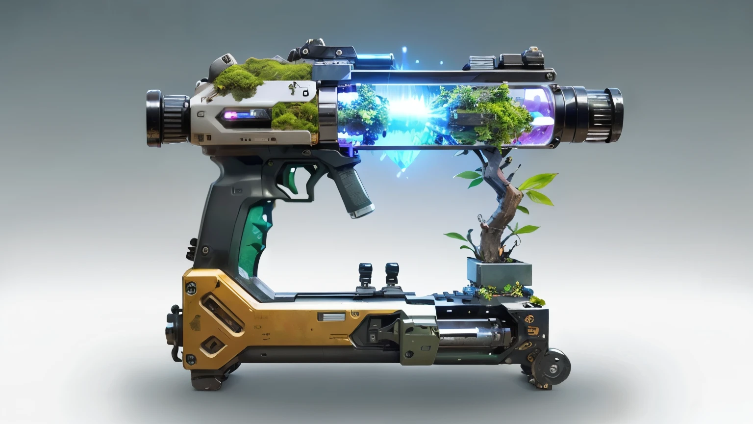 Concept gun design, Science Fiction，unmanned，Gun with plants and crystals，一把很长的Gun with plants and crystals，The gun has a light，Glass and Plasma，Plant and machine combination，moss，The vine plant attached to the gun，cgi，Realism，Stereo，Light and Shadow，HD，Extreme details，high resolution