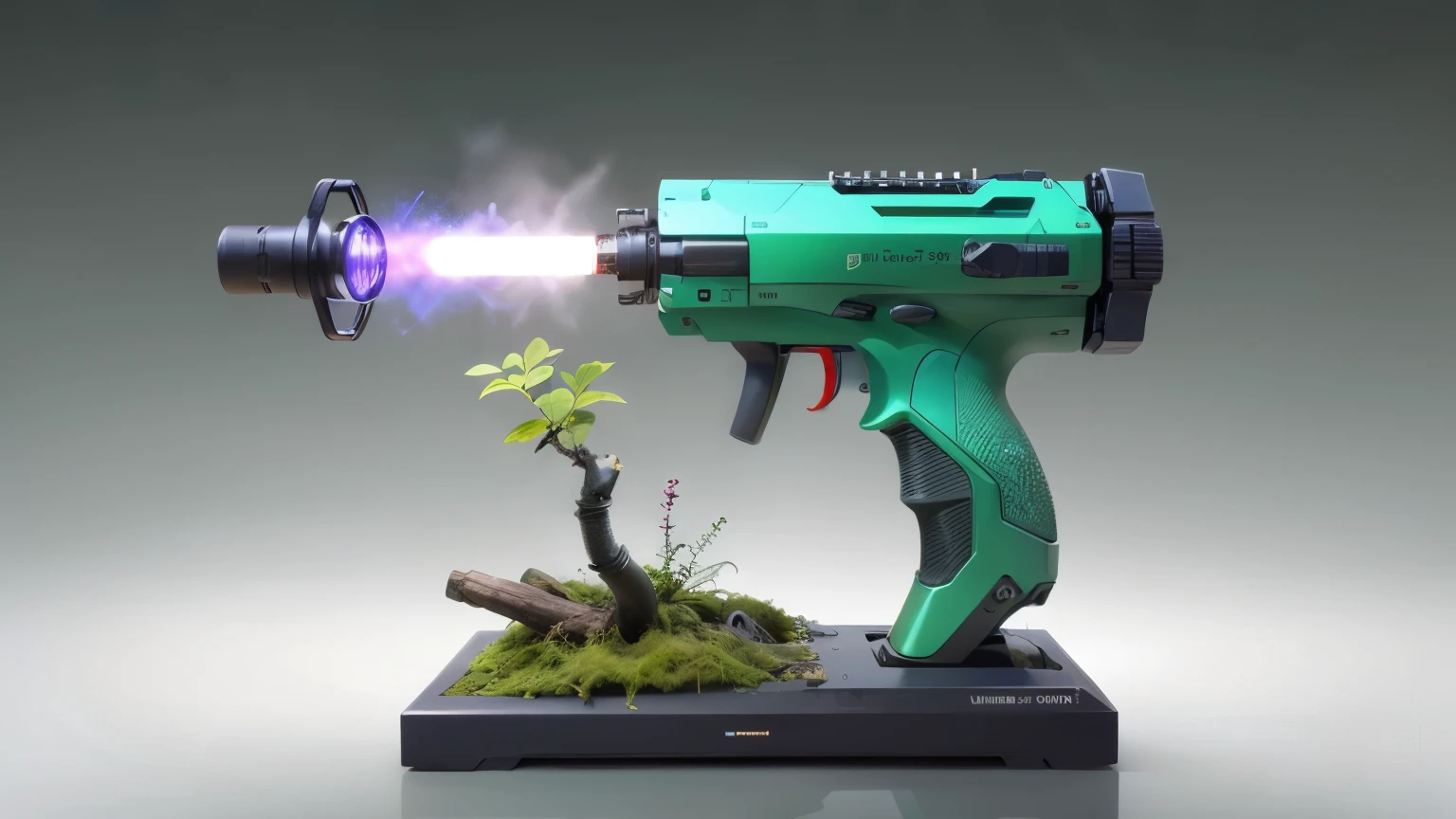 Concept gun design, Science Fiction，unmanned，Gun with plants and crystals，一把很长的Gun with plants and crystals，The gun has a light，Glass and Plasma，Plant and machine combination，moss，The vine plant attached to the gun，cgi，Realism，Stereo，Light and Shadow，HD，Extreme details，high resolution