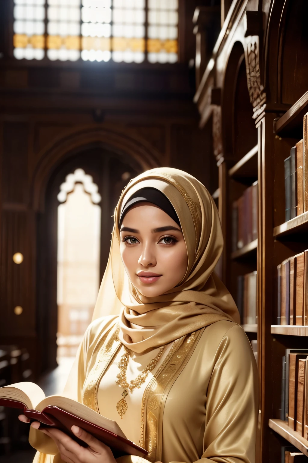 Produce an exceptionally detailed and lifelike scene portraying a young Malay girl, elegantly adorned in a hijab, immersed in a library. Her expression should reflect sheer surprise as magical fairies burst forth from the book she's reading. Strive for impeccable photorealism and an 8K resolution with a dynamic depth of field.