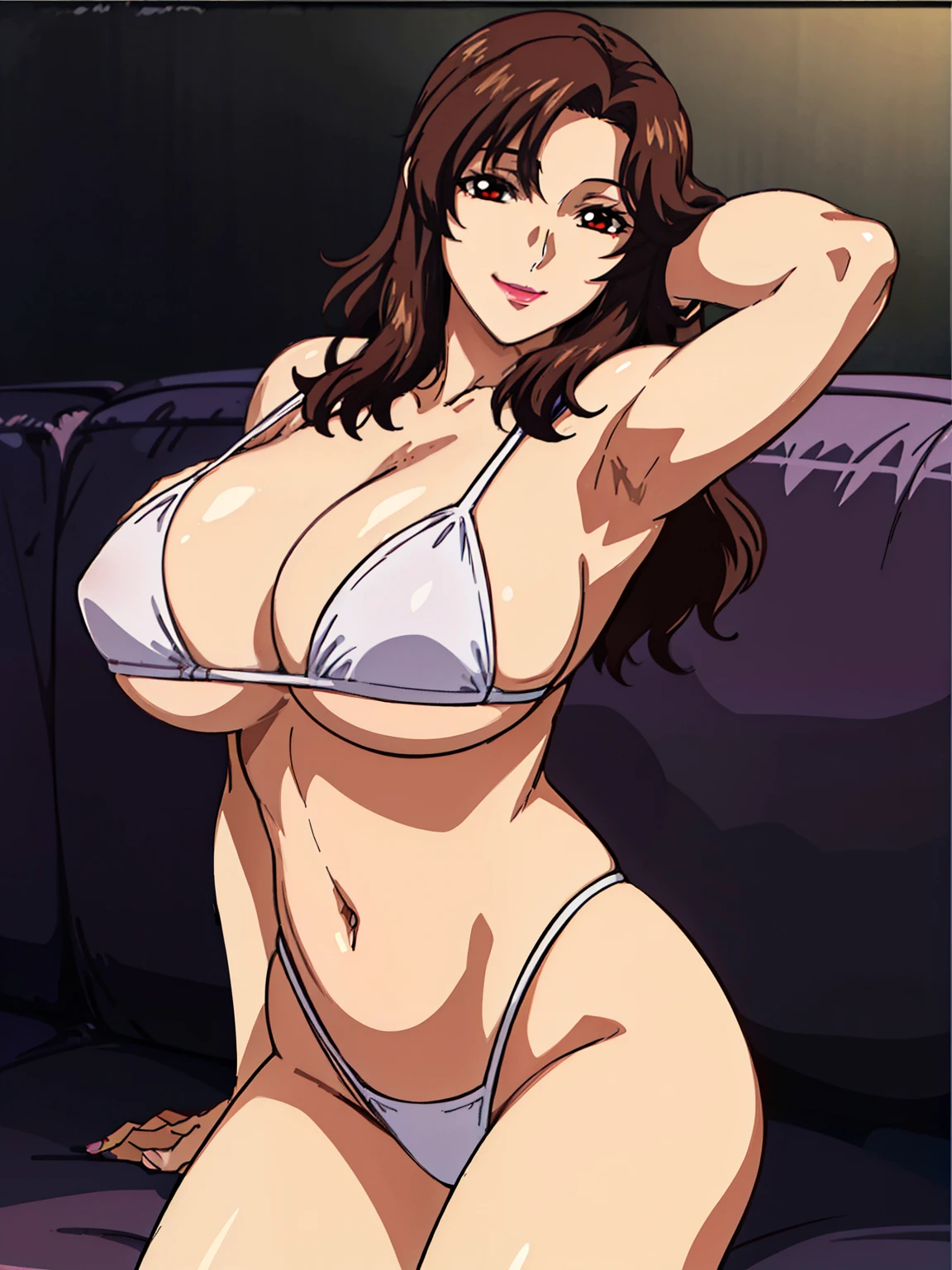 kneeling, showing her armpits, hands on her head, white bikini, (luxury livingroom background), Murrue Ramius, mature woman, anime cels style, best quality, high resolution, 1girl, (huge breasts:1.2), beautiful face, Beautiful Finger, Beautiful long legs, Beautiful body, Beautiful Nose,Beautiful character design, bangs, brown hair, long hair, red eyes, lipstick, makeup, (cowboy shot), smiling, looking at viewer