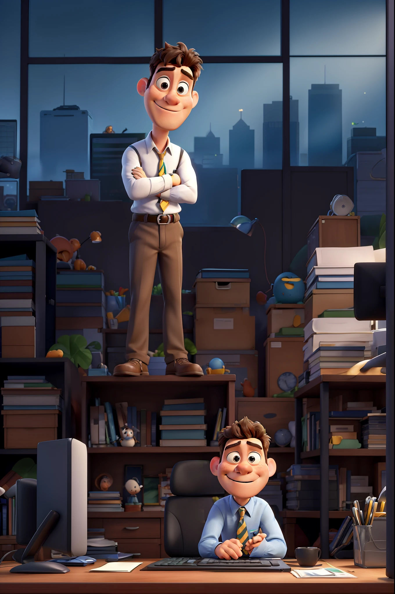 Disney Pixar style industry financial analyst poster. He is focused, Analyze graphs and reports on your computer. The Amazon rainforest can be seen from the back window.. Your desk is piled high with papers., Printed graphics and computer. This scene conveys a sense of devotion., Focus and hard work.