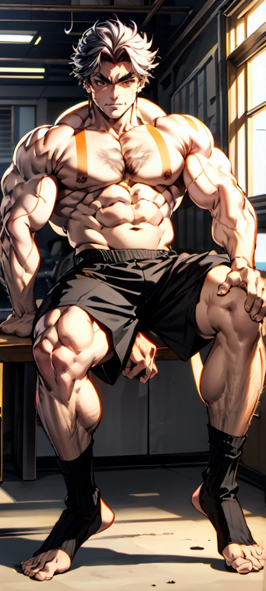 The socks are broken，The tip of the sock is broken by the toe，Leg hair，Muscle male，Chest muscles，muscle，Abdominal muscles，Well-developed muscle，muscle lines，musclestrength，the strong，Robust，Bodybuilding，Black shorts，Boys，juvenile，boy，Single masterpiece, best，Cluttered room，White socks with toes broken，