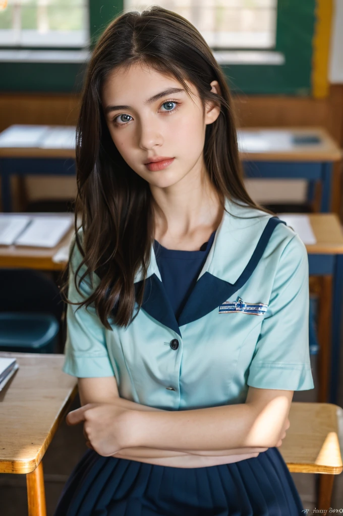 ( masterpiece, top quality, best quality,8k,17 years old girl,ultra detailed,raw photo:1.5),(photorealistic:1.4),(cinematic lighting), PerfectNwsjMajic, , Surrealism, UHD, ccurate, Super detail, textured skin, High detail, Best quality, dynamic angle, (high nose,White skin),[Beautiful blue eyes],(1girl),(good anatomy:0.5)),in the classroom,Teacher's Uniform,Real people,