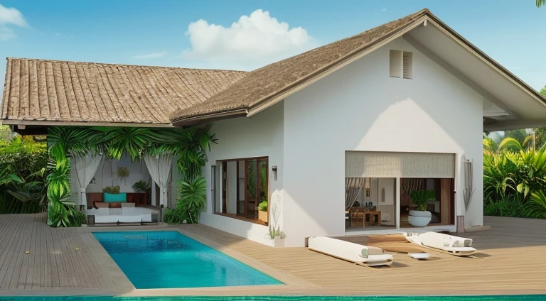 modern villa, pristine, swimming pool surrounded by grass, terrace with outdoor sitting space, in the style of bohemian chic and japandi, lush tropical background, architectural details, highly detailed