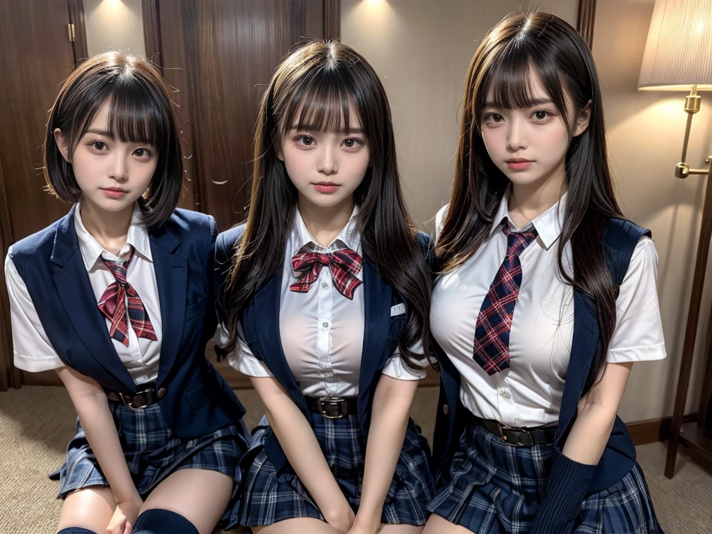(8K, Raw photography, top-quality, ​masterpiece:1.2), master piece, best quality, illustration, Super detailed, fine details, High resolution, 8K,wall paper, perfect dynamic composition,(Details High quality, realistic depiction of eyes:1.3), ((2 girls, 2 schoolgirls)), The background is a luxury hotel room、High school girl uniform、blazer 、Super Short Check Uniform Skirt、Navy blue high socks、garterbelts、Colossal tits、Disturbed uniform, Play with each other,Touching each other's bodies,Touching the body of the girl next door, short bob hair, black hair color, huge breasts, Big Natural Color Lip, bold sexy pose, (perfect body shape), crying a little、cold gaze,  Beautiful makeup,glitter makeup,Cutest 18 years old, beautiful legs, hposing Gravure Idol, Voluptuous thighs