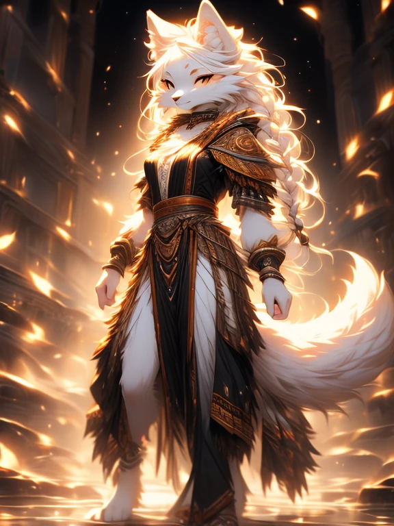 ( Absurdly , High quality , ultra detailed ) ,( hand detailed ) , absurdres(highly detailed beautiful face and eyes)perfect anatomy Solo, Young Female white fox-cat (((lean-body))) (((medium breasts))) (short snout), (heterochromia (orange, violet)), (cat tail (black at end)), (white hair (single-braided)), ((looking at viewer)) ((Female wolf)) (detailed eyes), ((((fluffy white fur)))) ((extremely detailed fur)) ((hair in face)) (big braid), (thin long tail) (heterochromia) (extremely detailed eyes), full body, sexy dress 