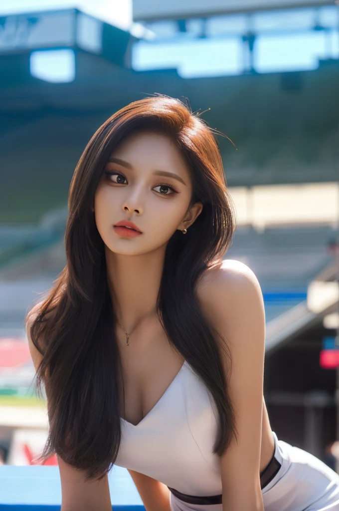 Tzuyu 1, woman, (Realistic), (Hyperrealism), (photoRealistic), Depth of written boundary, eye make up:0.7 (whole body:1.2), (Large Bust),(Tight waist), Watching the audience,In the pits at the racing track, Race Queen, Sexy dress with open shoulders and neckline