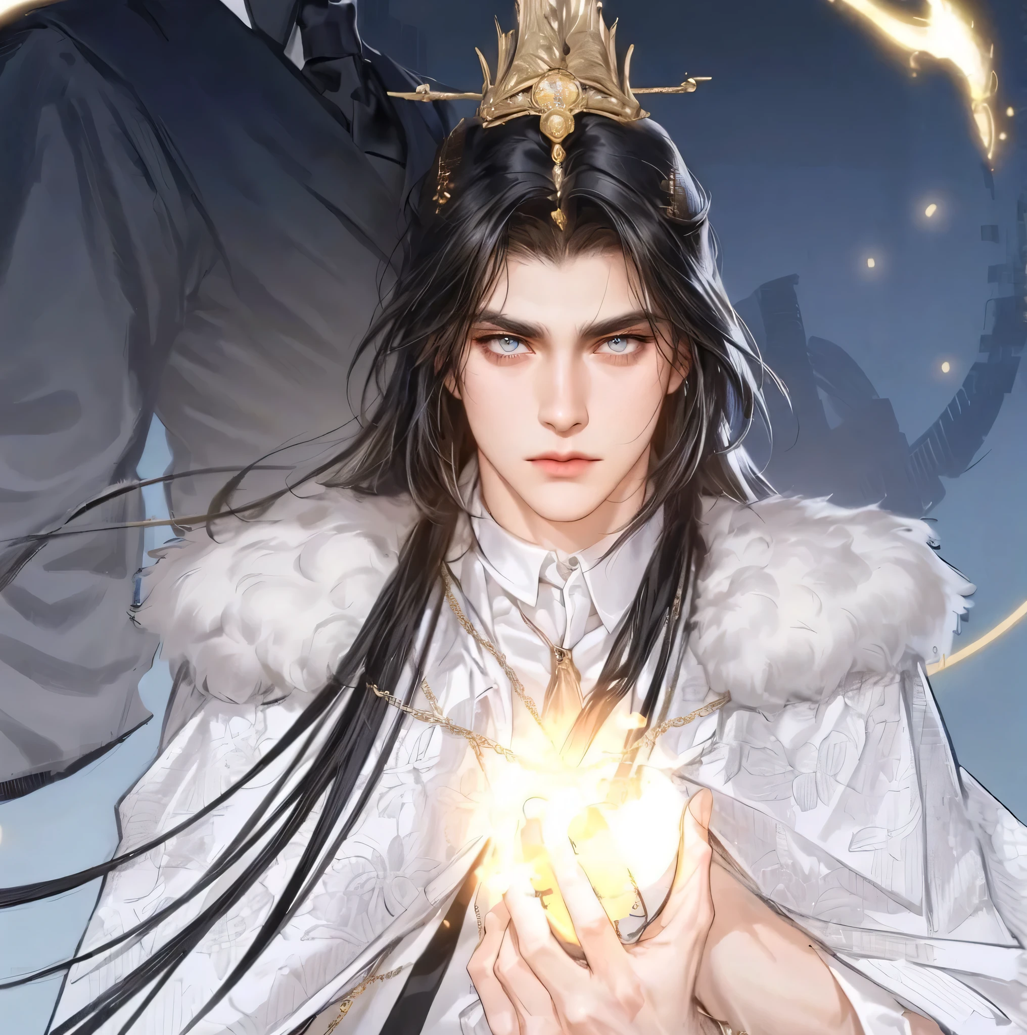 (masterpiece,best quality,ultra_detailed,highres,absurdres),1 mature male, 30-ish, (wide shoulder), (muscular), male focus, solo, black hair, chain, shirt, black necktie, necktie, simple background, yellow eyes, upper body, vest, long hair, looking at viewer, parted lips, collared shirt, round eyewear, long sleeves, black shirt, black vest, monocle, jewelry, lawyer, court background.
