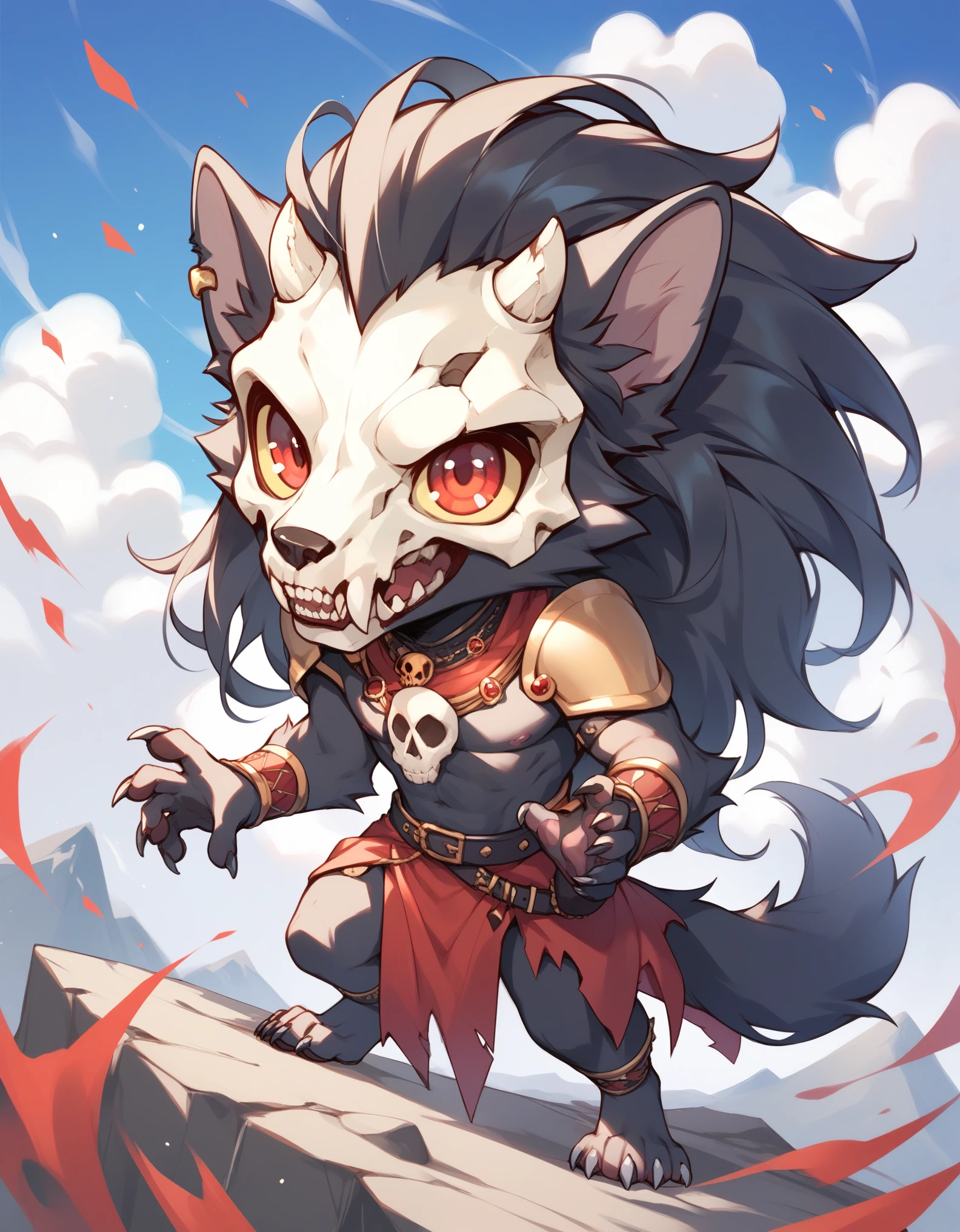 score_9,score_8_up,score_7_up, young, solo, king_clawthorne, skull head, (broken horn:1.1), yellow sclera, red eyes, claws, black body, black fur, countershading, furry, standing, looking up, full-length portrait, extreme detail, masterpiece, toe claws, tail, wolf tail, chibi,
