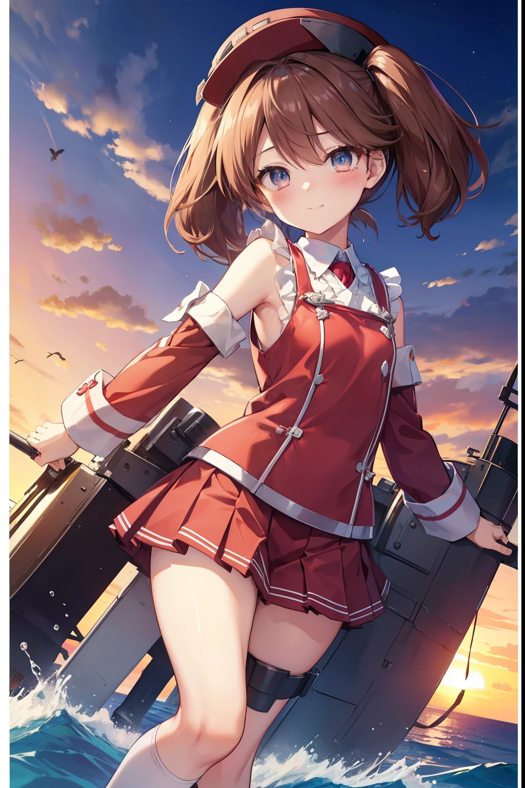 ryuujou、blush,smile、Brown Hair、Half Twin Tail、Wear a hat、Shipgirl、uniform、Fighting at sea、Primary school students、The back is very small、Lolita、Small breasts、Please show me your armpits、exterior: 14 years old、Shoulder Bare、The clavicle is visible、Sexy thighs、Beautiful feet、Usual hairstyle、highest quality, High resolution, unity 8k wallpaper, (shape:0.8), (Beautiful and beautiful eyes:1.6), Highly detailed face, Perfect lighting, Extremely detailed CG, (Perfect hands, Perfect Anatomy),